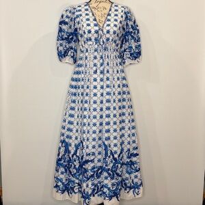 NWT Farmers Market cotton floral empire waist puff sleeve lined midi dress S